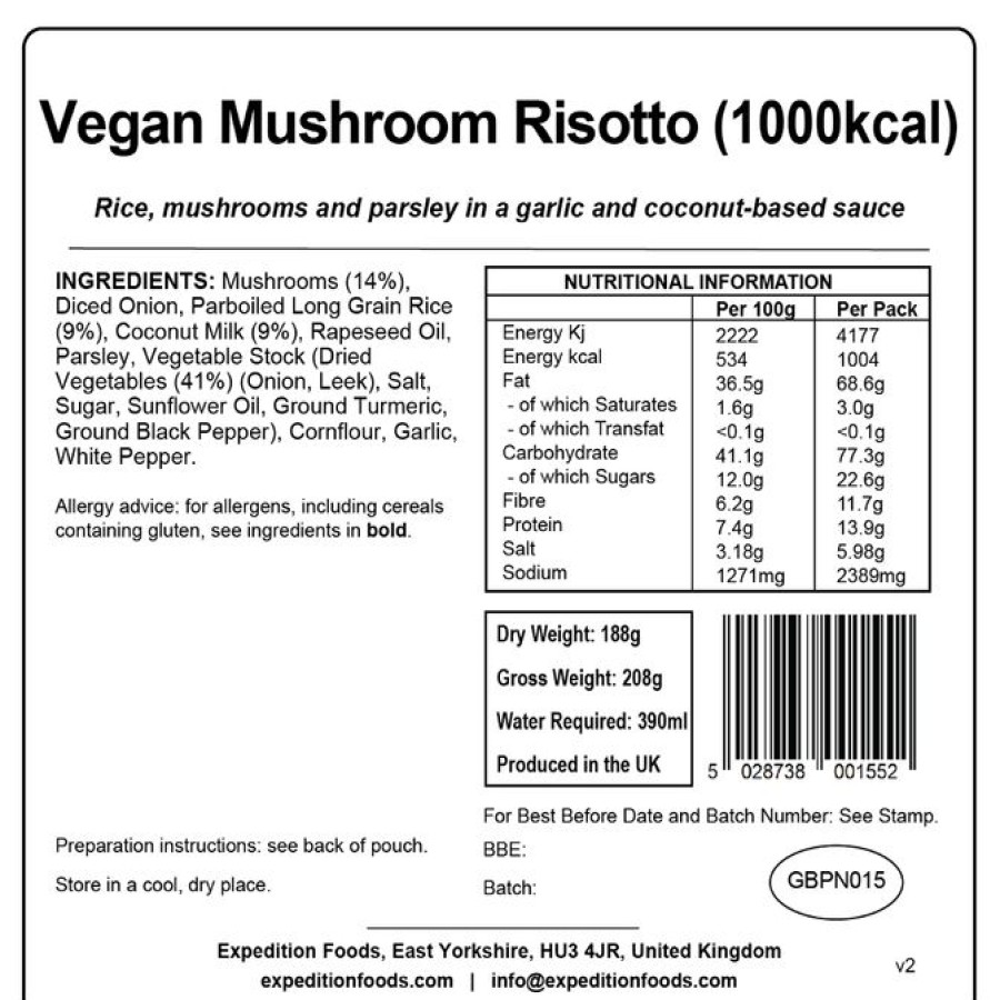 Outdoor Cooking * | Sale Expedition Foods Vegan Mushroom Risotto 1000Kcal